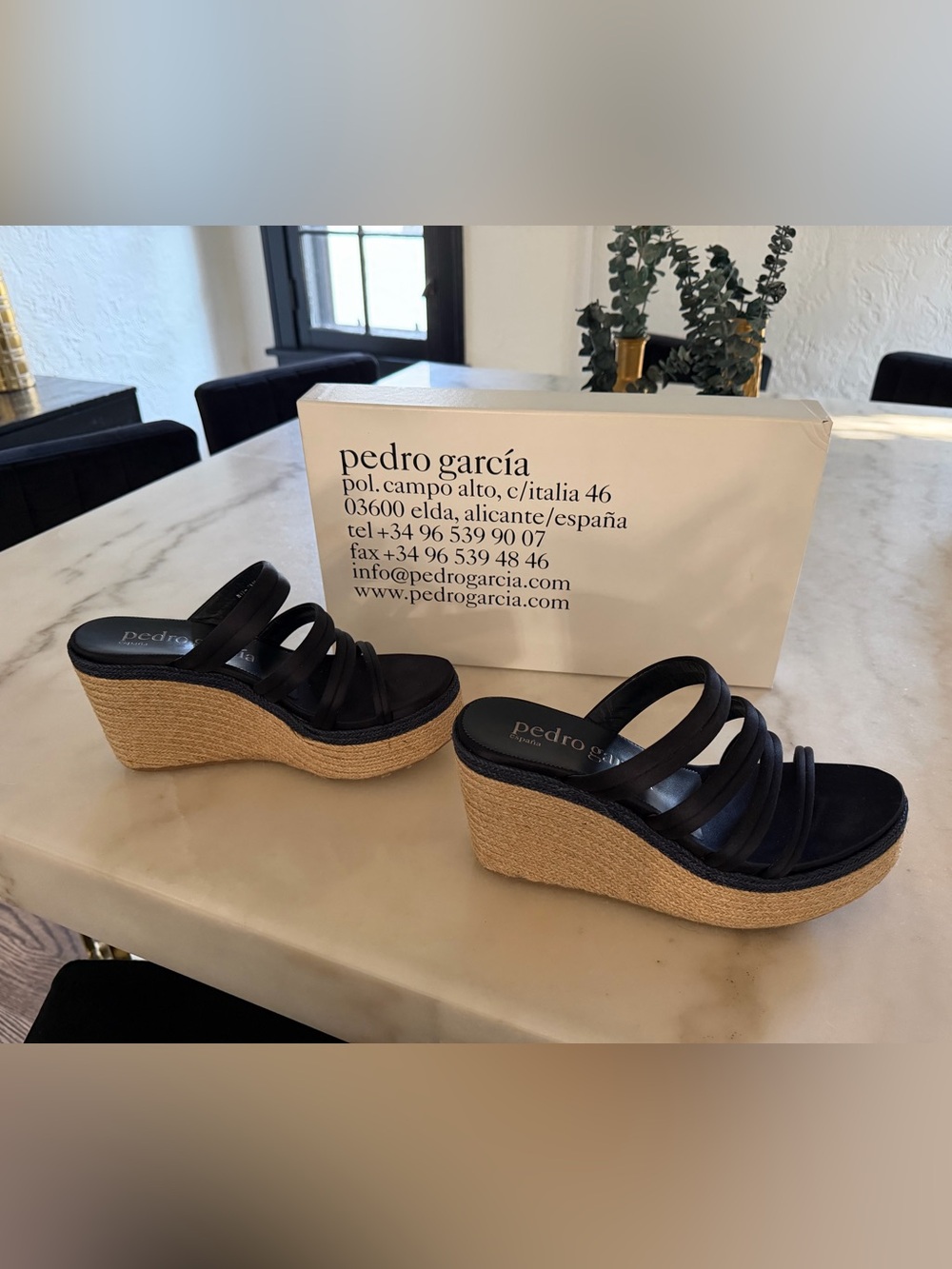 Pedro García Black Leather Espadrille Wedge Mules
